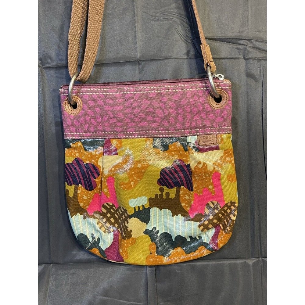 Fossil Key-Per Coated Canvas Cross Body Bag Purse Purple Trees